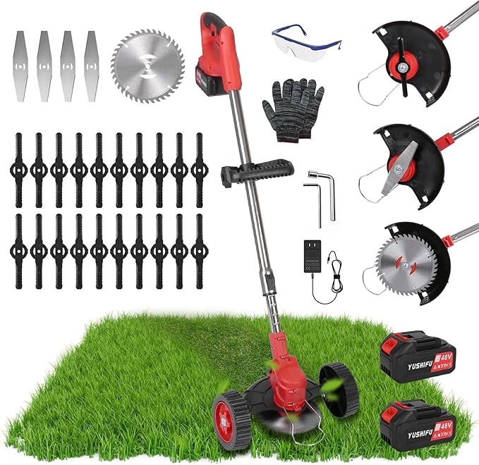 Cordless Weed Wacker, Battery Powered Weed Eater 3 in 1 Stringless Grass Trimmer with 3 Types Blades and 2Pcs 2.5 Ah Battery, Adjustable Length for Yard Lawns Garden (25 Blades, Wheels)
