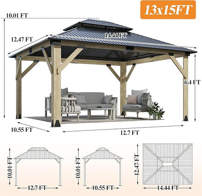 GARTOO 13’x15’ Outdoor Wooden Gazebo - Patio Galvanized Steel Wood Gazebo with Double Vented Roof, Heavy-Duty Gazebos for Garden, Lawn, Backyard Deck, Poolside