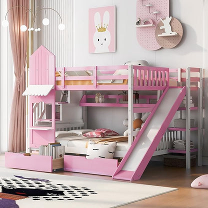 Full-Over-Full Castle Style Bunk Bed with 2 Drawers and 3 Shelves, Wood Bunk Bed Frame with Slide and Storage Staircase for Kids Teens Boys Girls, Maximize Space Savings