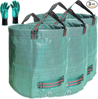 Standard 3-Pack 32 Gallons Yard Garden Bags (D18, H30 inches) with Gardening Gloves, Standable Reusable Leaf Bags,Plant Trimming Bag,Yard Waste Bags,Trash Container,Lawn Grass,Weeds Bag w/ 4 Handles