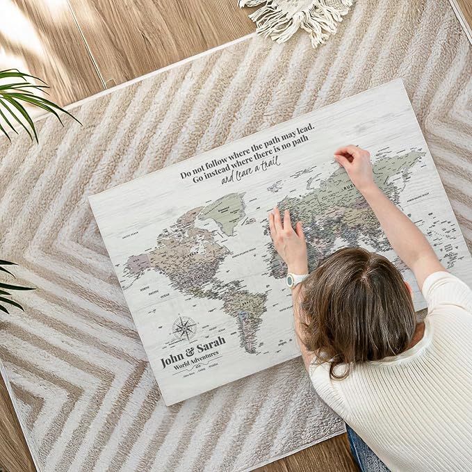 ElephantStock - Personalized Leave A Trail Iii Push Pin World Map Wall Art - Horizontal Canvas Wall Art - Living Room Wall Decor - Digital Art Map Canvas Art - White And Gray Decor - 36" x 24"