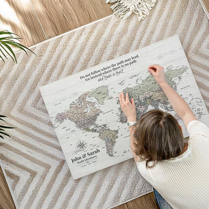 ElephantStock - Personalized Leave A Trail Iii Push Pin World Map Wall Art - Horizontal Canvas Wall Art - Living Room Wall Decor - Digital Art Map Canvas Art - White And Gray Decor - 36" x 24"