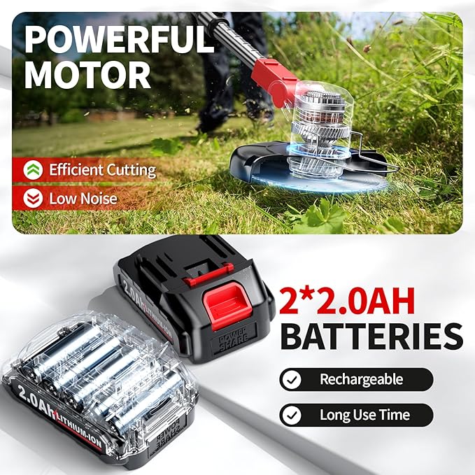 Cordless Weed Wacker, Electric Weed Eater with 4 Types of Blades & 2 * 2.0Ah Batteries, Lightweight Brush Cutter Foldable String Trimmer, Battery Powered Lawn Mover for Lawn Yard (Red)
