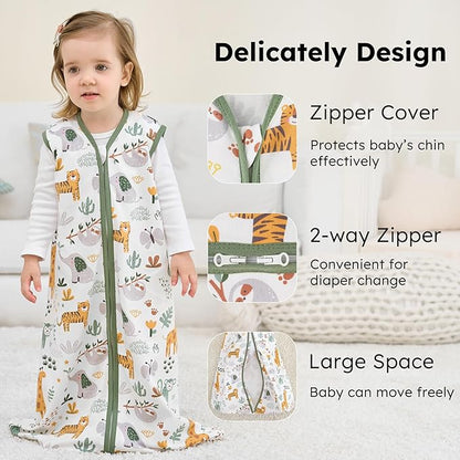 Baby Sleep Sack 12-18 months, 100% Cotton Sleeping Sack for Newborn and Infant, 3 Pack Baby Wearable Blanket for Boy and Girl, 0.5 Tog Lightweight Double Zipper Sleep Bag Green Brown Giraffe