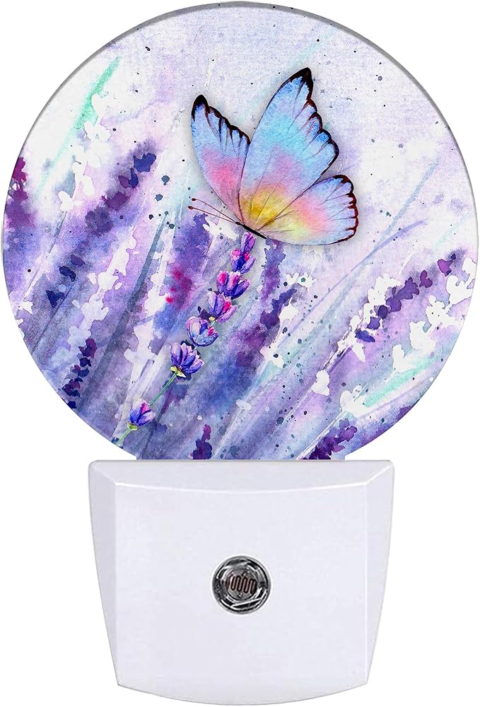 Lavender Flowers Night Light, Watercolor Butterfly Night Lights Plug into Wall