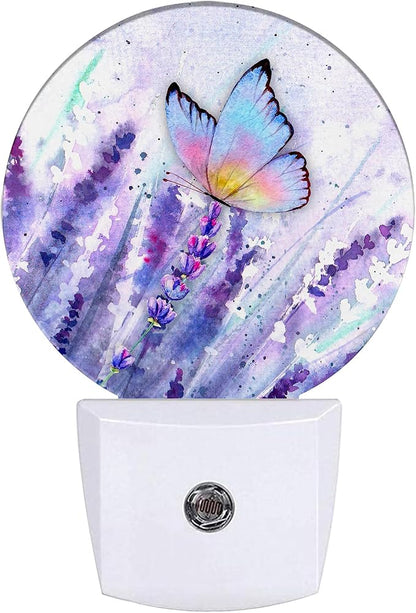 Lavender Flowers Night Light, Watercolor Butterfly Night Lights Plug into Wall
