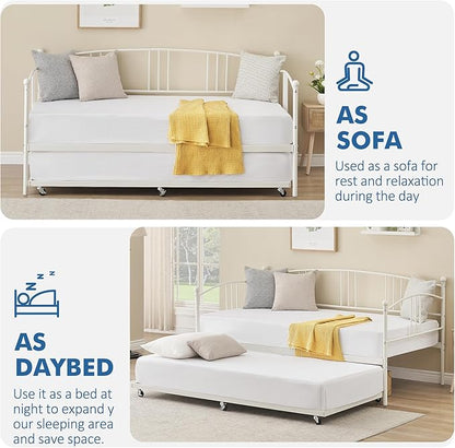 GarveeHome Daybed with Trundle, Sturdy Metal Day Bed with Steel Slat Support, Trundle Bed Twin with Arched Headboard, SofaBed for Living Room, Bedroom and Guest Room, White