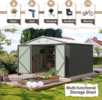 Furniwell 10x8 FT Outdoor Storage Shed, Metal Garden Sheds Outdoor Storage House with Single Lockable Door for Backyard Patio Lawn, Gray