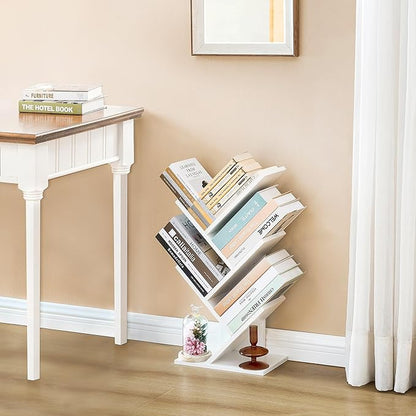 Hoctieon 4 Tier Tree Bookshelf, 4 Shelf Bookcase, Free Standing Tree Bookcase, Display Floor Standing Shelf for Books, Book Organizer Shelves for Home Office, Living Room, Bedroom, White