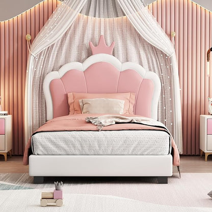 Bellemave Twin Size Princess Bed Frame with Crown Shaped Headboard for Kids,Upholstered Platform Bed with Slats Support,Twin Girls Bed,White