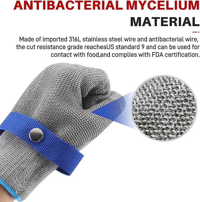 ANSI A9 Cut Resistant Glove,Stainless Steel Mesh Metal Glove,Food Grade for Kitchen Cooking, Butcher Meat Cutting, Oyster Shucking, Mandoline, Fishing,L,2 pcs