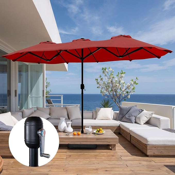 Shintenchi 16FT Large Patio Umbrella with Base, Outdoor Double-Sided Rectangular Umbrella, Market Umbrella with Crank Handle for Poolside Lawn Garden, Red