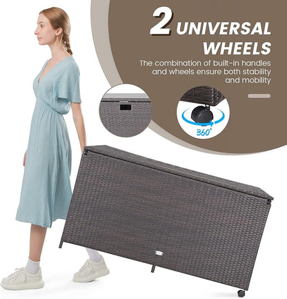 Tangkula 133 Gallon Deck Storage Box, Patio Rattan Storage Container with 2 Universal Wheels, Safety Pneumatic Rod, Zippered Liner, Sturdy Steel Frame, Ideal for Backyard, Poolside