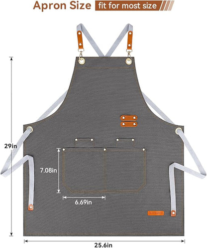 Teskyer Kitchen Cooking Apron with Pockets, Water Oil Resistant, Canvas Cross Back Aprons for Men Women Chef Server