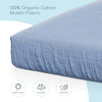 Muslin Crib Sheets, 100% Organic Cotton, Breathable and Ultra-Soft, Standard Crib Sheet Mattress (28"x 52") for Girls and Boys, Neutral Fitted Baby Crib Sheet (Blue)
