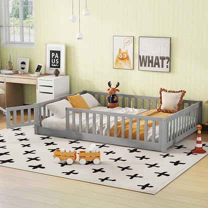 Bellemave Full Size Floor Bed Frame with Fence and Door for Kids, Montessori Floor Bed with Slats and Safety Guardrails,Solid Wood Full Bed Frame for Girls Boys,Grey