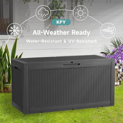 deck box,100-gallon indoor and outdoor storage box made of waterproof and sun-resistant resin material, meeting storage needs for the living room, patio, swimming pool, and toolshed（black）