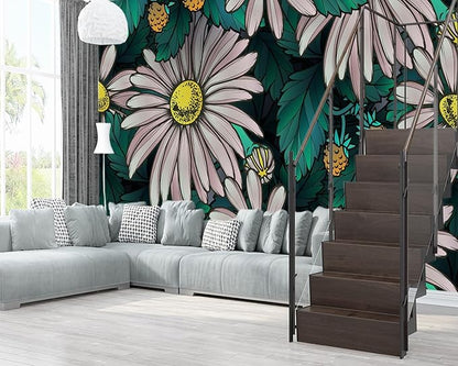 XMPMBM-Sunflower Cartoon Plant Floral Fabric Wallpaper Leaf Botanical Living Room Bedroom Bathroom Nursery Room Wall Mural-W 154" X H 105"（112 Square Foot）