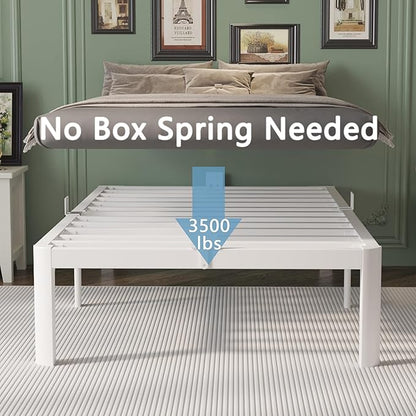 14 Inch Twin Bed Frames with Metal Gaskets, White Bed Frame Twin Size No Box Spring Needed, Heavy Duty Steel Platform Supprt, Rounded Corner Legs, Reserved Holes, Noise Free, Storage Space