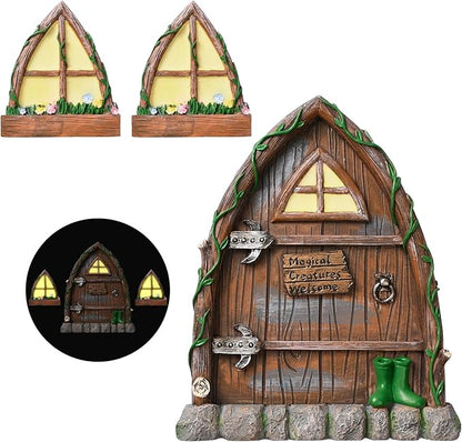 Resin Fairy Door and Window for Trees,Glow in The Dark,Miniature Fairy Garden Accessories,Garden Outdoor Decor for Trees,Gnomes House，Elf House