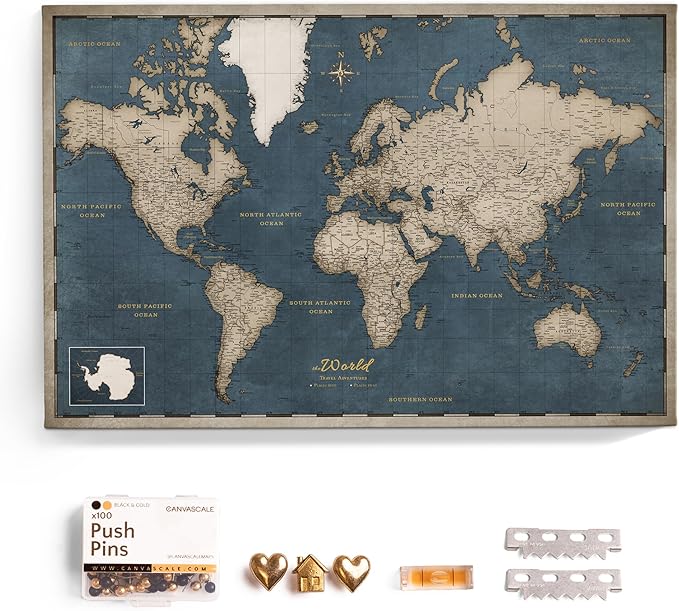 Canvas World Map with Cork Pin Board - English Lettering - Decorative Wall Decoration for All Rooms - Canvas Pictures with World Map Motif (150x100 cm, Pattern 18)