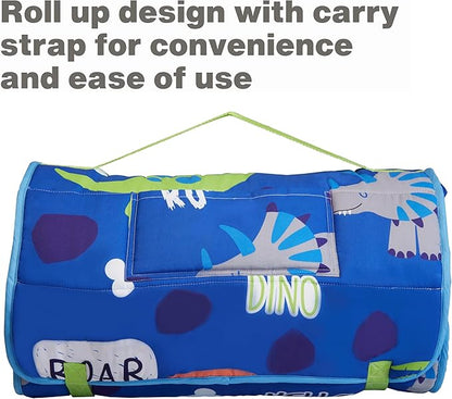 EVERYDAY KIDS Nap Mat with Removable Pillow - Roarin' Dinos - Carry Handle with Straps Closure, Rollup Design, Soft Microfiber for Preschool, Daycare, Travel Sleeping Bag - Ages 3-6 Years