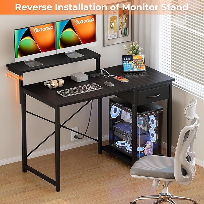 Computer Desk with Adjustable Monitor Stand, 47.2 in Small Desk with Reversible Storage Shelves, Office Desk with Spacious Desktop Spaces for Home Bedroom Workstation, Black
