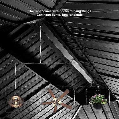 PURPLE LEAF 13' X 15' Permanent Gazebo with Metal Roof Outdoor Hardtop Gazebo for Patio Lawn and Garden Curtains and Netting Included Grey