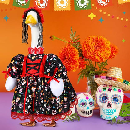 Suzile Halloween Goose Outfit Dresses Clothes for 23" Dia De Los Muertos Cement or Plastic Porch Goose Costume for Yard Lawn Outdoor Garden Patio Statue Halloween Holiday Decor