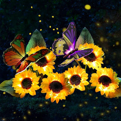 ANGMLN Solar Sunflower Outdoor Garden Lights, 2 Pack Solar Flower with Butterfly Waterproof Garden Decor, Gifts for Mom Grandma, Waterproof Decorative Lights for Pathways Patios and Yards Decorations