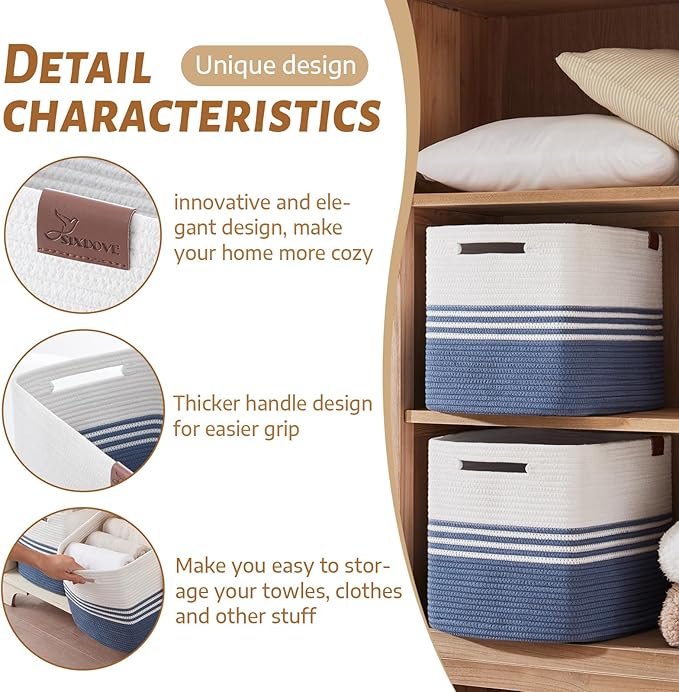 Storage Baskets, 42L*2 Pack Storage Baskets for Organizing, Laundry Basket for Closet, Cotton Rope Blanket Basket for Storage, Toy Storage Basket for Living Room, Laundry Room, Bedroom-Navy