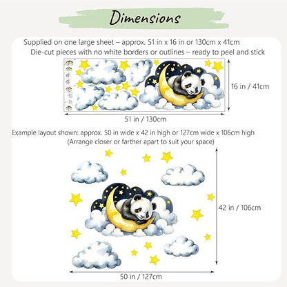 Boho Nursery Wall Decals - Dreamy Watercolor Panda Sleeping on Cloud | Multi-Piece Set with Clouds, Moon & Stars | Removable Fabric Wall Art for Kids Room