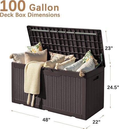 Devoko 97 Gallon Deck Box, Waterproof Resin Outdoor Storage Box for Outside and Patio, Large Outdoor Storage Bench Cabinet Lockable for Patio Furniture, Garden Tools and Pool Supplies (Deep Brown)