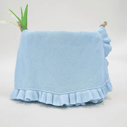 Ruffle Knit Blanket for Baby - 100% Luxury Soft Cotton Knit Warm Cozy Cuddle Stroller Crib Blanket for Newborns, Infants, & Toddlers (Baby Blue)