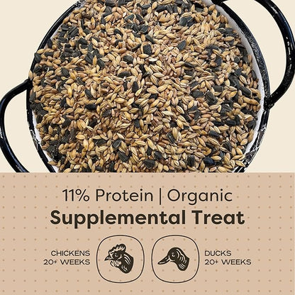 Scratch and Peck Scratch + Seeds Chicken and Duck Treat - 50 lbs Bag - 11% Protein, Certified Organic and Non-GMO Project Verified Chicken Food