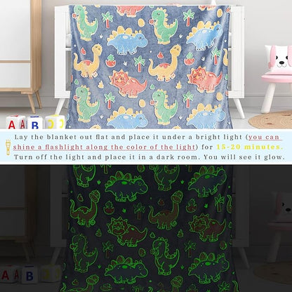 Cute Kids Blanket Glow in The Dark Dinosaur for Boys Flannel Glowing Bed Sofa Couch Soft Warm Blankets Christmas Birthday Gifts Teen 40"x50"