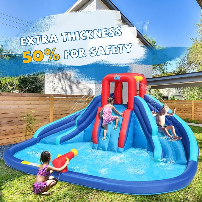 Action Air Water Slide, Inflatable Waterslide with Large Pool, Blue Bounce House with Double Slide and Climbing Wall