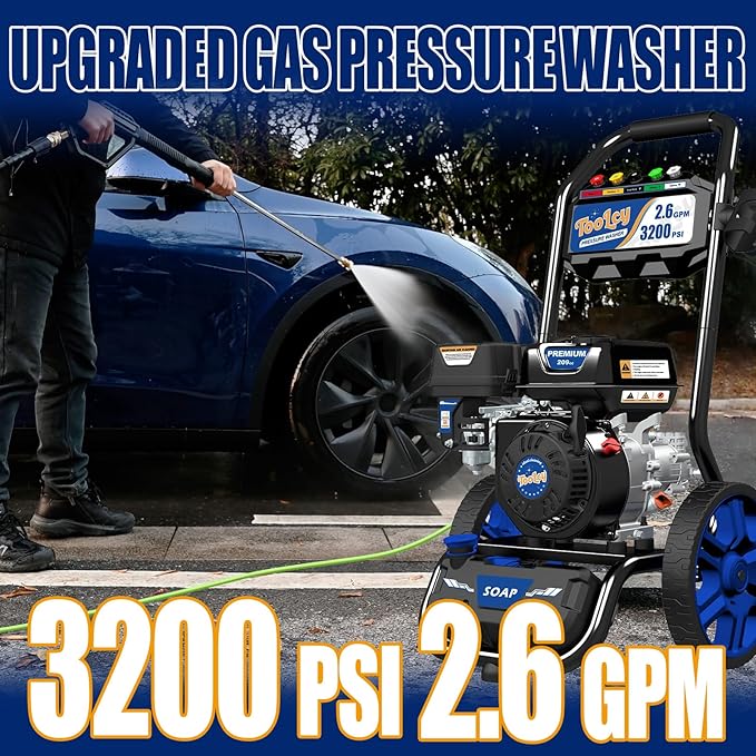TOOLCY Gas Powered Pressure Washer, 3200 PSI and 2.6 Max GPM, Reinforced Pump, 35FT Extended Power Hose, Kink-Less Swivel Gun with & 5 Nozzles, for Cars/Fences/Driveways/Homes/Patios