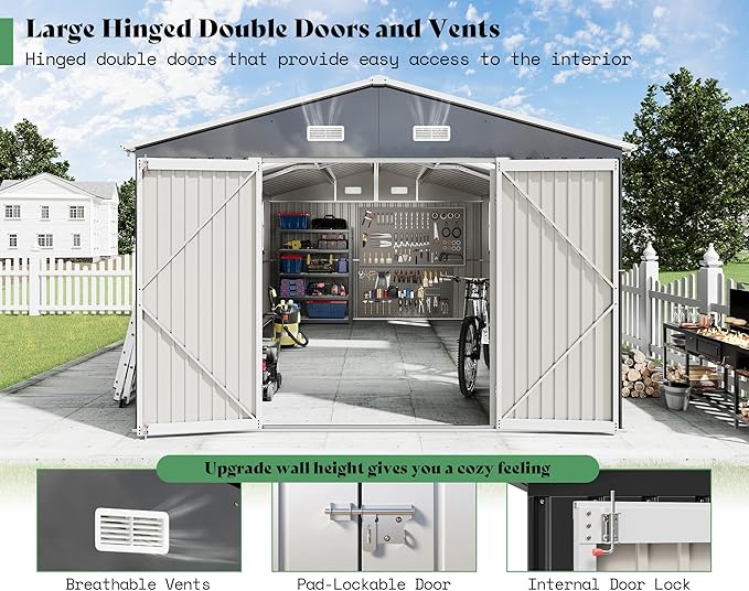 AMERLIFE 10x16x7.2 FT Metal Storage Shed with 2 Transparent Panels, Outdoor Tool Shed with Hinged Double Doors, Windows & Vents, Reinforced Steel Frame for Backyard Garden, DIY Workshop, Dark Gray