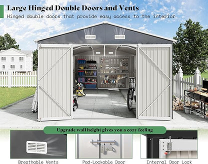 AMERLIFE 10x16x7.2 FT Metal Storage Shed with 2 Transparent Panels, Outdoor Tool Shed with Hinged Double Doors, Windows & Vents, Reinforced Steel Frame for Backyard Garden, DIY Workshop, Dark Gray