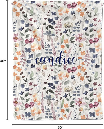 Ship Next Day, Personalized Baby Blanket for Girls, Custom Baby Girl Blanket with Name Retro Flowers, Newborn Receiving Swaddle Blankets, Customized Babies Shower Christmas Birthday Gifts