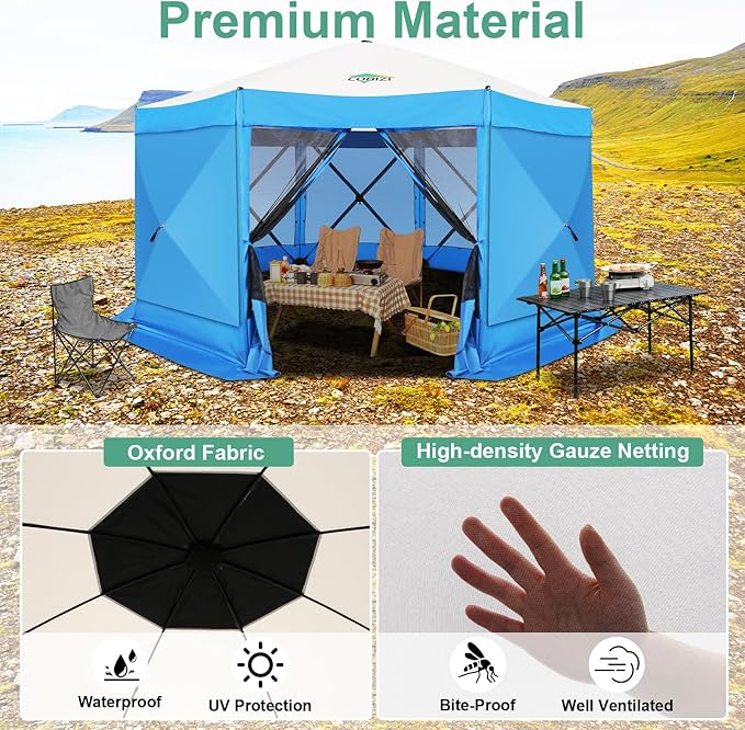 COBIZI 15x15ft Extra Large Pop Up Gazebo Canopy Tent with Mosquito Netting, Spacious Easy Set-Up Screened Shelter, Durable Outdoor Pavilion with Ground Stakes, Perfect for Patio, Backyard, Blue