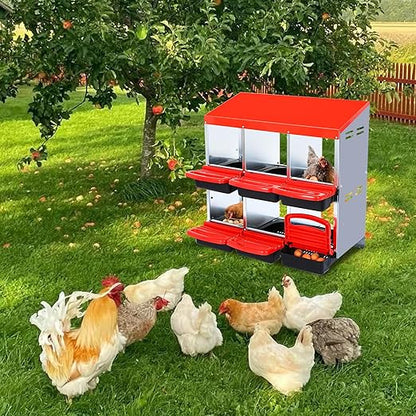 Garvee Chicken Nesting Boxes, 6 Hole Metal Chicken Laying Box with Removable Trays for Chicken Coop, Red