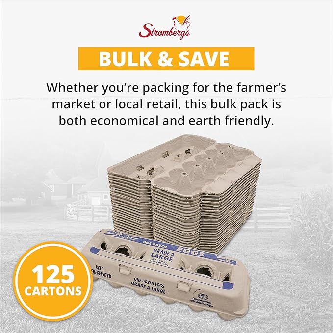 Stromberg's Grade A Large Printed Egg Cartons, Biodegradable and Eco-Friendly, Made From Recycled Materials, With Educational Prints for Safe Handling Instructions and Nutrition Facts, 125 Pack