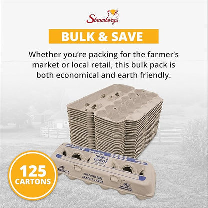 Stromberg's Grade A Large Printed Egg Cartons, Biodegradable and Eco-Friendly, Made From Recycled Materials, With Educational Prints for Safe Handling Instructions and Nutrition Facts, 125 Pack