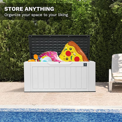 230 Gallon Large Outdoor Storage Box, Durable Deck Boxes Outdoor Waterproof, Resin Waterproof Deck Box for Patio Furniture Outdoor Cushions Garden Tools and Pool Storage (White, 150Gallon)