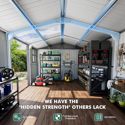 Metal shed 12x10 FT with Floor Kit, Outdoor Storage, Heavy-Duty Garden Sheds with Customizable Skylight & Reinforced Steel Frame, Weatherproof Galvanized Tool Tiny House for Backyard, Patio, and Lawn