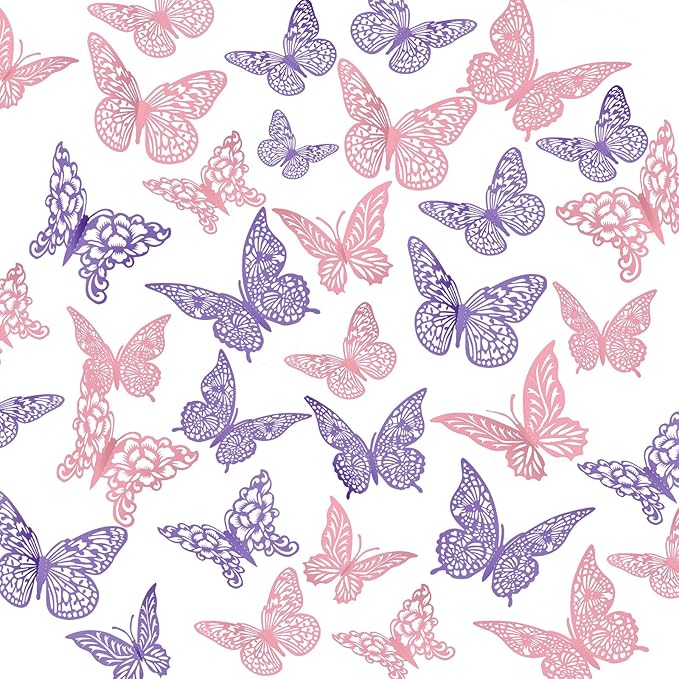 3D Gold Butterfly Wall Decor 3 Sizes 4 Styles Butterfly Party Decorations Cake Decorations Removable Stickers Wall Decor Room Mural Metallic Kids (Purple+Pink, 96Pcs)
