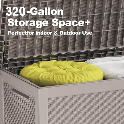 320 Gallon Deck Box, Resin Outdoor Indoor Waterproof Storage Box, Lockable Storage Box With Handle for Patio Furniture - Garden Tools - Swimming Pool Tools UV-Resistant (Grey 320 Gallon)