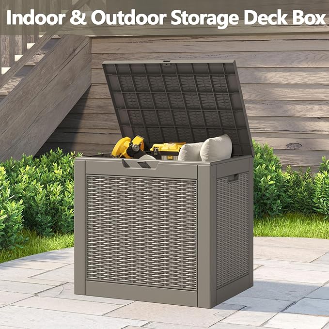 Deck Box, 31 Gallon Resin Outdoor Storage Box, Waterproof and UV Resistant Lightweight Storage Deck Box for Garden Tools, Supplies